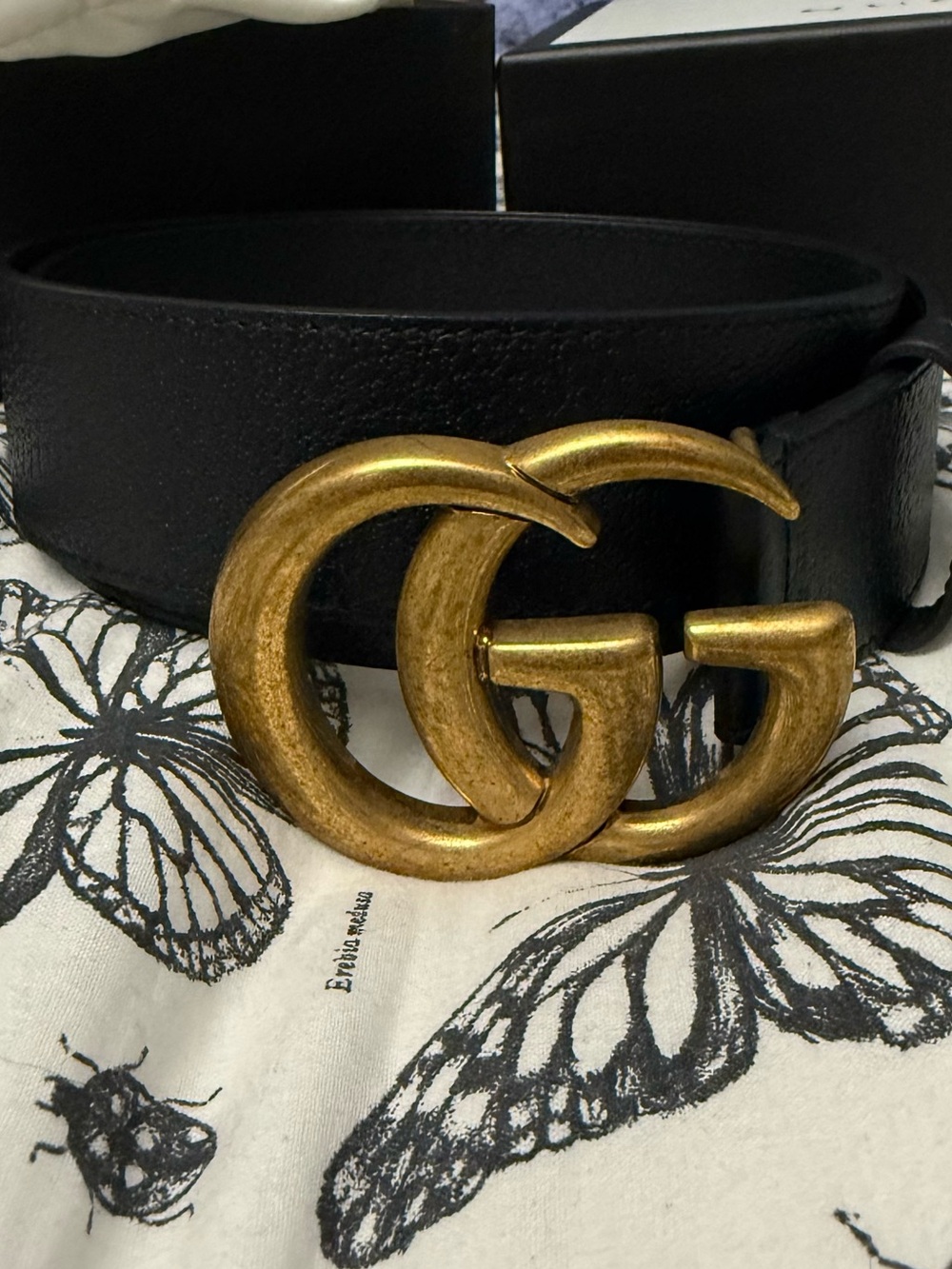 Gucci Black Leather Belt with Antiqued Gold Double G Buckle Size 75